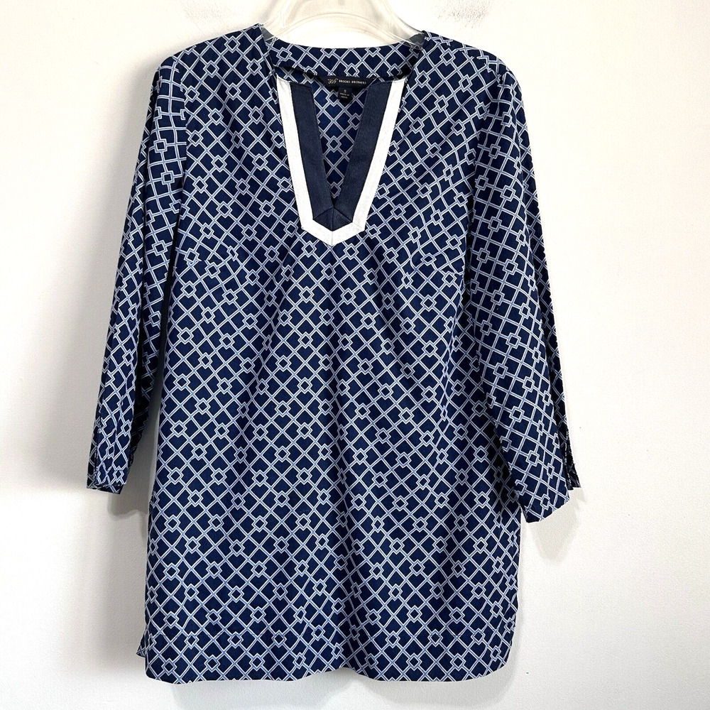 Brooks Brothers Tunic Top S Blue Geometric Tile v Neck Preppy Lightweight Cotton